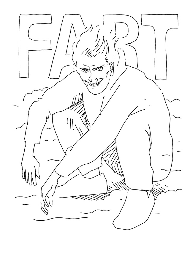 man squatting, with a grin on his face, and the word “fart” behind him