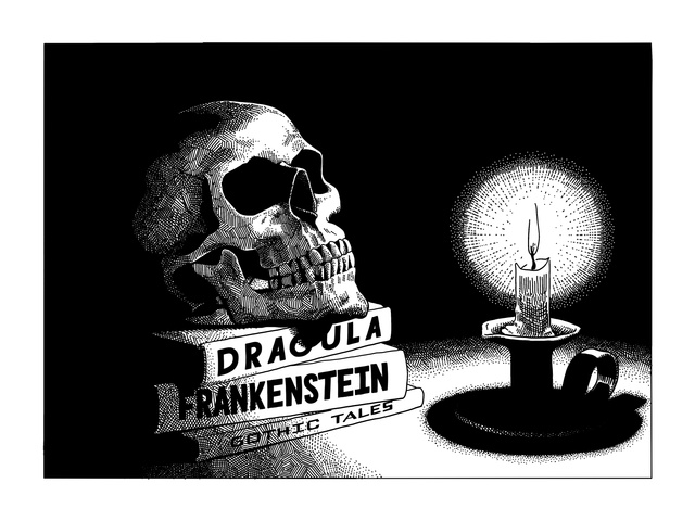 human skull on a stack of horror books, judging from the titles, with a candle nearby lighting the scene